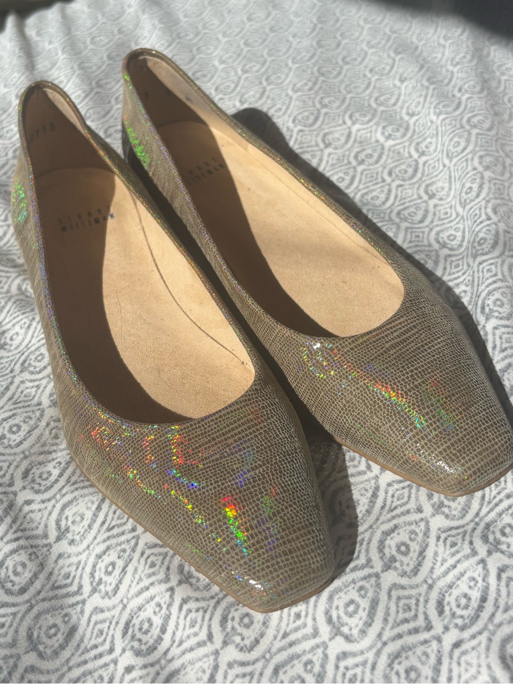 Stuart Weitzman Iridescent Taupe Square-Toe Flats